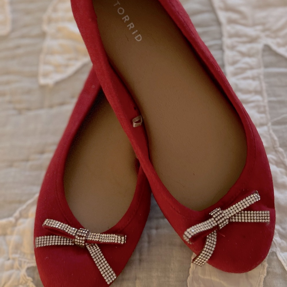 Torrid red faux suede ballet flats with BLING bows!